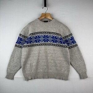 Vintage Continental Fair Isle Wool Blend Sweater Large Grey Blue Snow Made USA